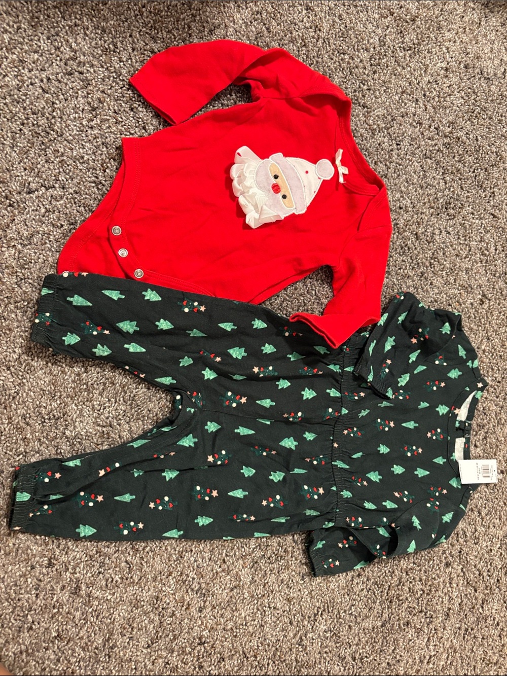 Red Santa Bodysuit & NWT Green Tree Print Romper - 6 months